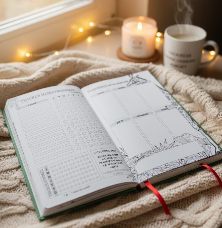 Pages intérieures du carnet Moodjo montrant la structure d’observation des pensées et des émotions