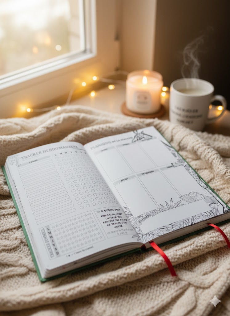 Pages intérieures du carnet Moodjo montrant la structure d’observation des pensées et des émotions