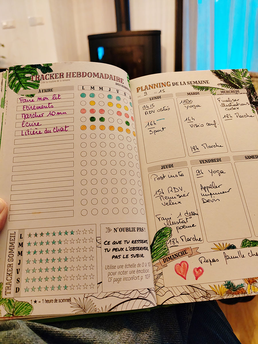 Pages intérieures du carnet Moodjo avec planning hebdomadaire et trackers d’habitudes